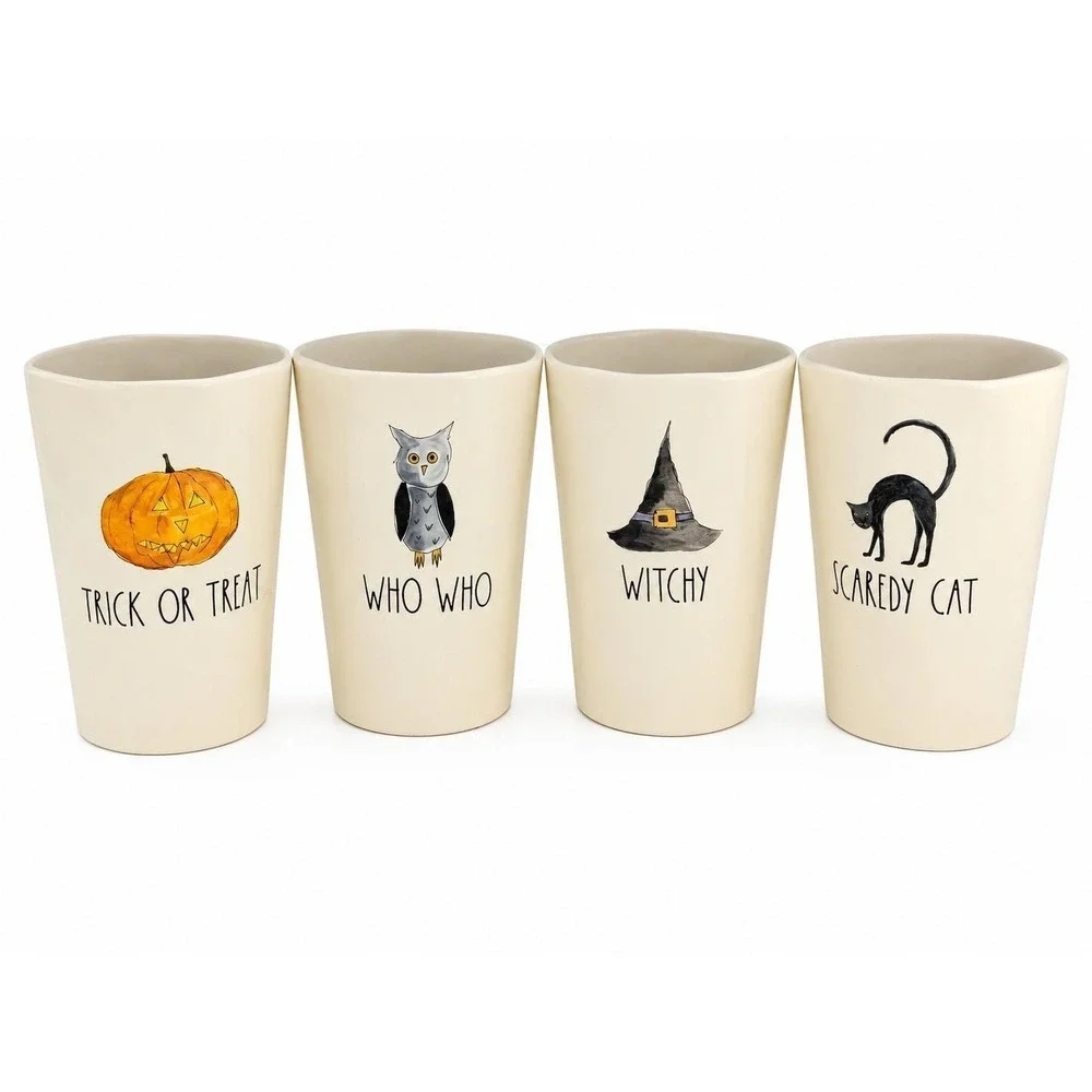 Rae Dunn Halloween Melamine Tumbler Set of 4 Trick or Treat Witchy Scaredy Cat
